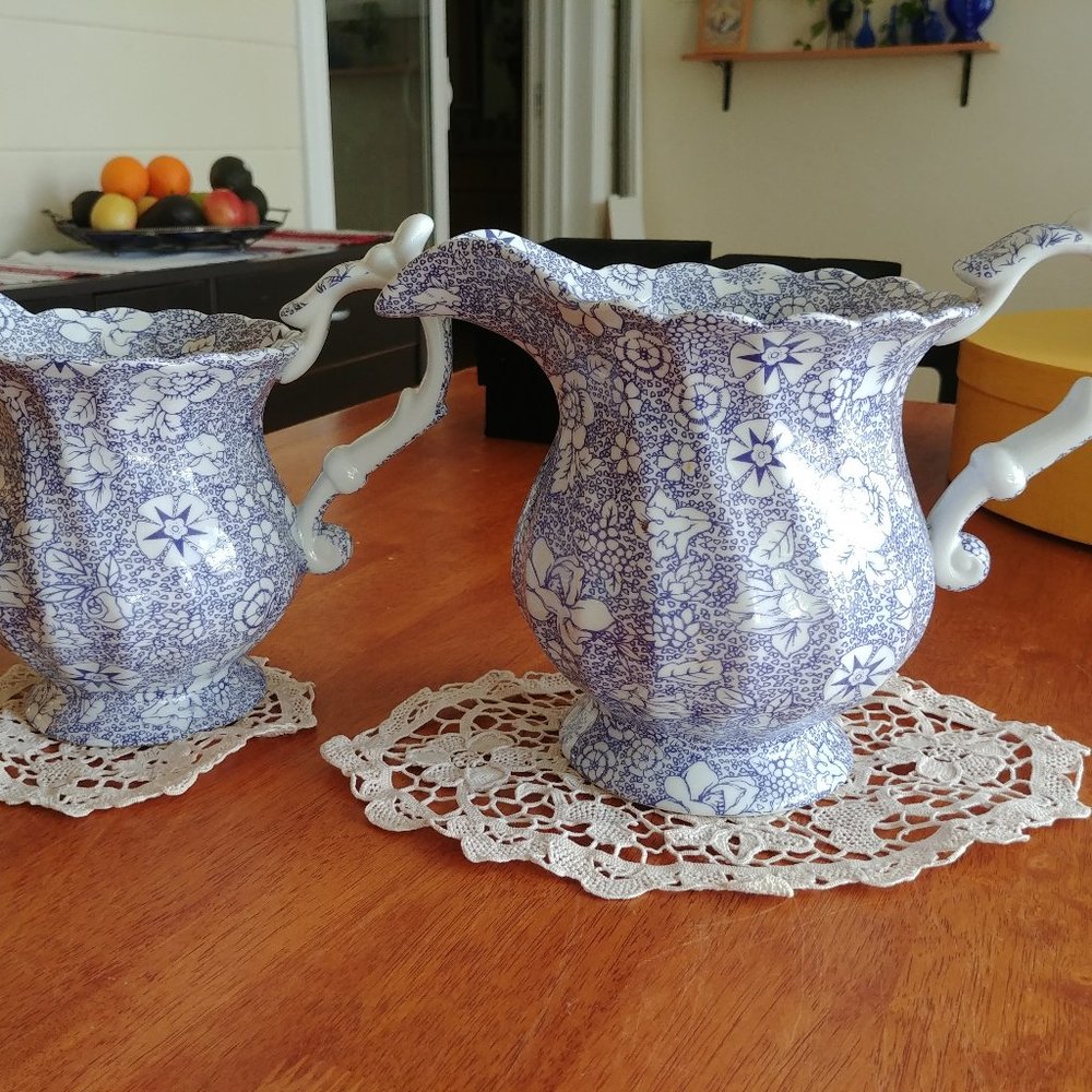 Set of 2 Jar Blue White victorian Floral Ceramic Pitchers 5.5 and 7 inch Ruffled
